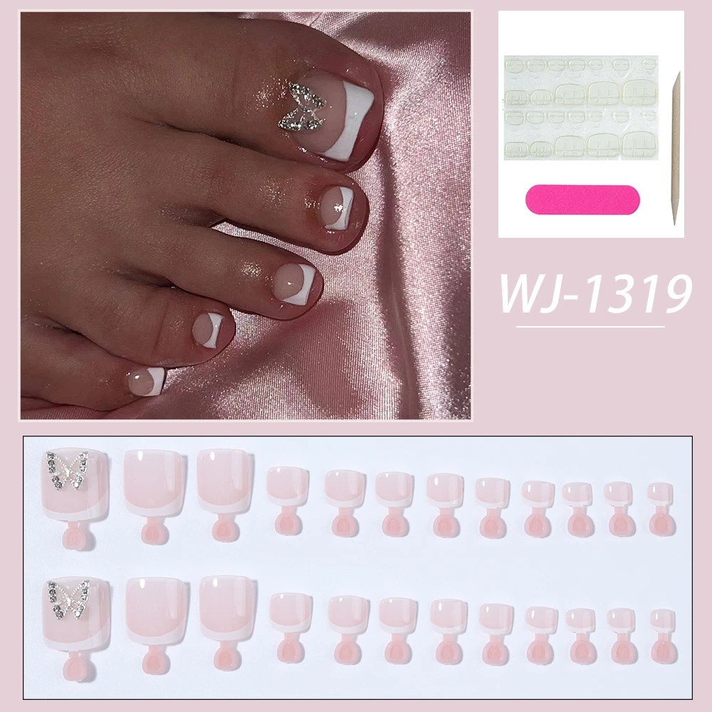 24pcs French solid color toenails 3D butterfly simple press nails, human fake nails, suitable for women and girls y2k