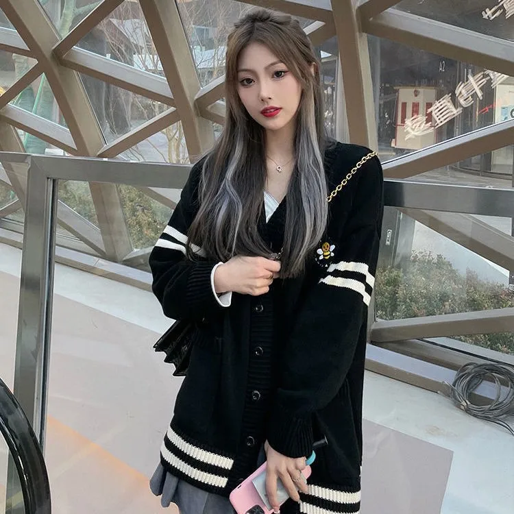 Bee big yards in the han edition stripe knitting cardigan sweater female new winter long v-neck coat