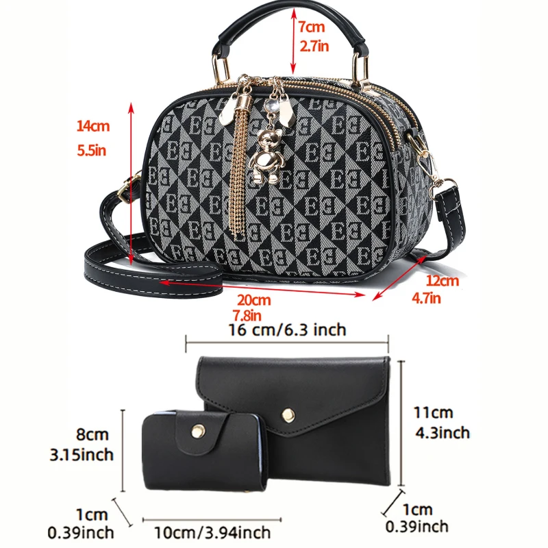3-piece letter print mini round bags with multiple color options, women's crossbody bags with bear zippers view 3