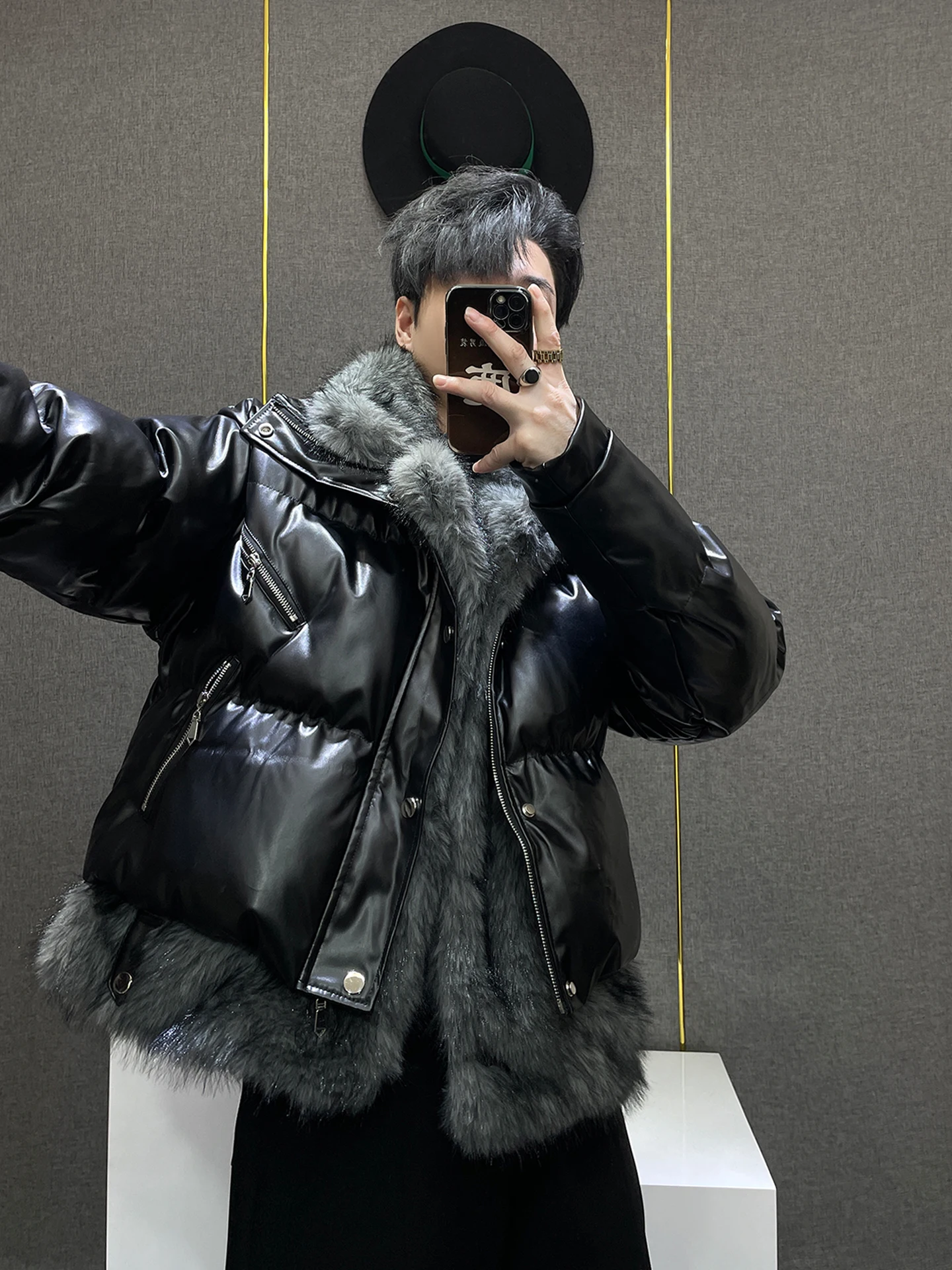 

LiuLiu Men's Winter Thickened PU Leather Jacket with Fur Collar Casual Fashion Warm Cotton Coat Double Layer Neck Design