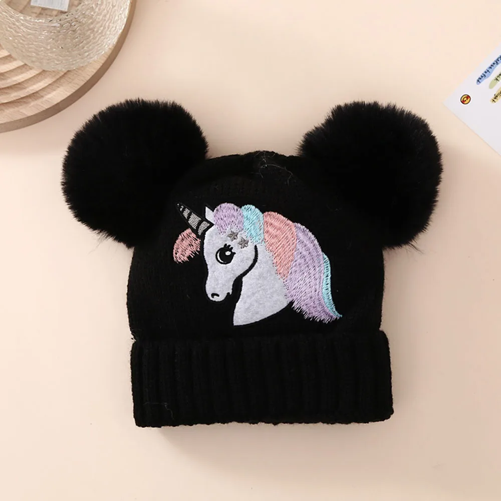 Unicorn Pattern Beanie Embroidered Toddler Baby Knit Hat Winter Pom Hats Warm Cap For Boys Girls 1-4 Years Old