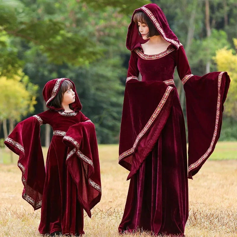 Medieval Victorian Dress For Women Steampunk Flare Sleeve Witch Robe Cosplay Gothic Costume Wine Red Hood Long Dress Vestidos