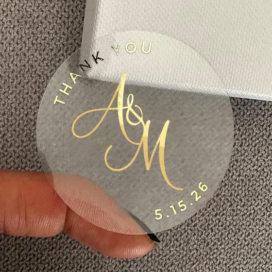Gold Stickers for Wedding Invitations, Envelopes or Party Favors, Lettered Transparent Labels, Custom Round Stickers