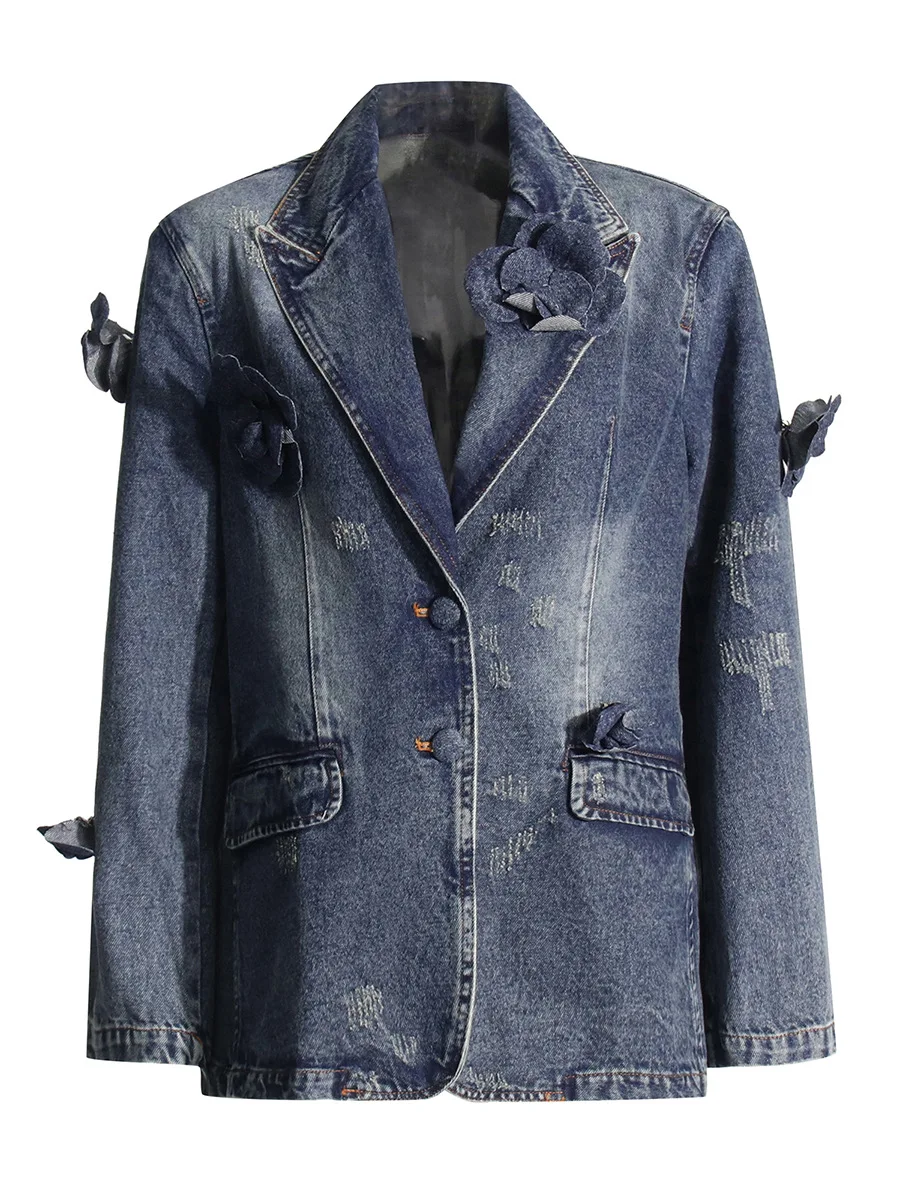 TANNT Women Denim Jacket 2024 Autumn New Three Dimensional Flower Stitching Decoration Blue Jean Coat Denim Blazer Suits