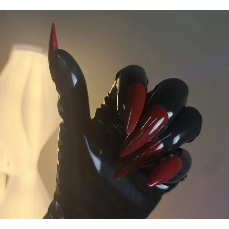 

Crossdress мужской и женский масляный блестящий черный супер тонкий латексный зентай длинные красные плоские ногти фетиш прозрачные перчатки кигуруми для косплея