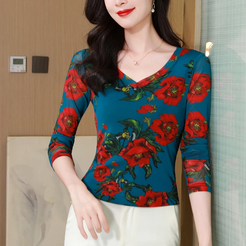 Sheer Mesh V-Neck Women's T-shirts Trendy 2025 Fall Winter Long Sleeve Top for Layering, European Chic Tee