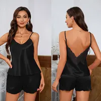Sexy Backless Deep V Lace Luxury Summer Sleepwear Set Soft Satin Pajamas Set for Women Comfortable Short Sleeve Cami & Shorts - Image 3