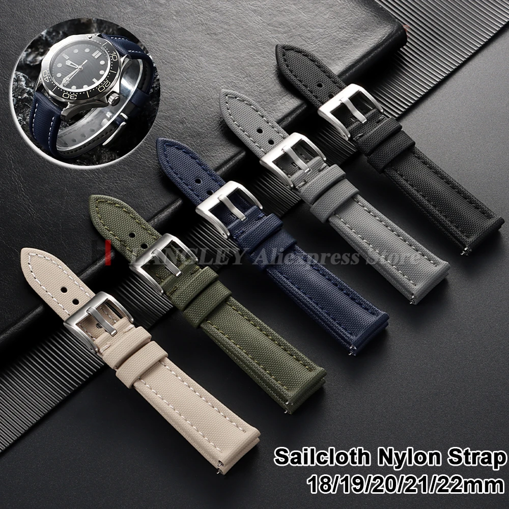 Nylon Sailcloth Watch Strap 18/19/20/21/22mm for Omega for Blancpain Canvas Waterproof Band Quick Release Leather Wrist Bracelet