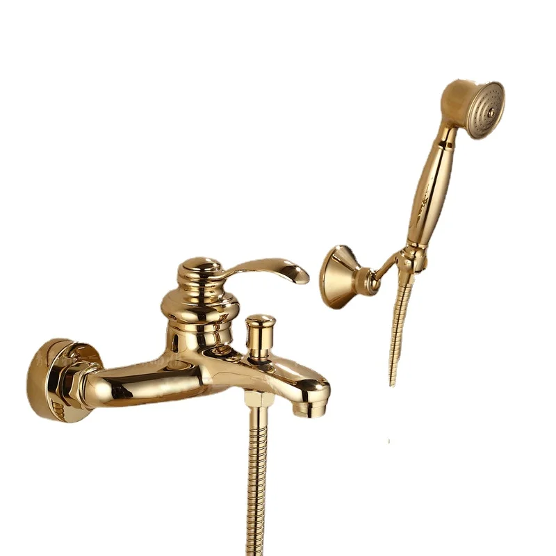 Bathroom Shower Faucet Set Hot & Cold Gold Solid Antique Brass Bathtub  Mixer Tap Wall Mounted Single Handle Ceramic