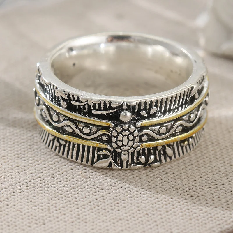 Vintage Creative Wide Ring For Women Carving Tortoise Pattern Two Tone Design Metal Ring Fashion Casual Jewelry