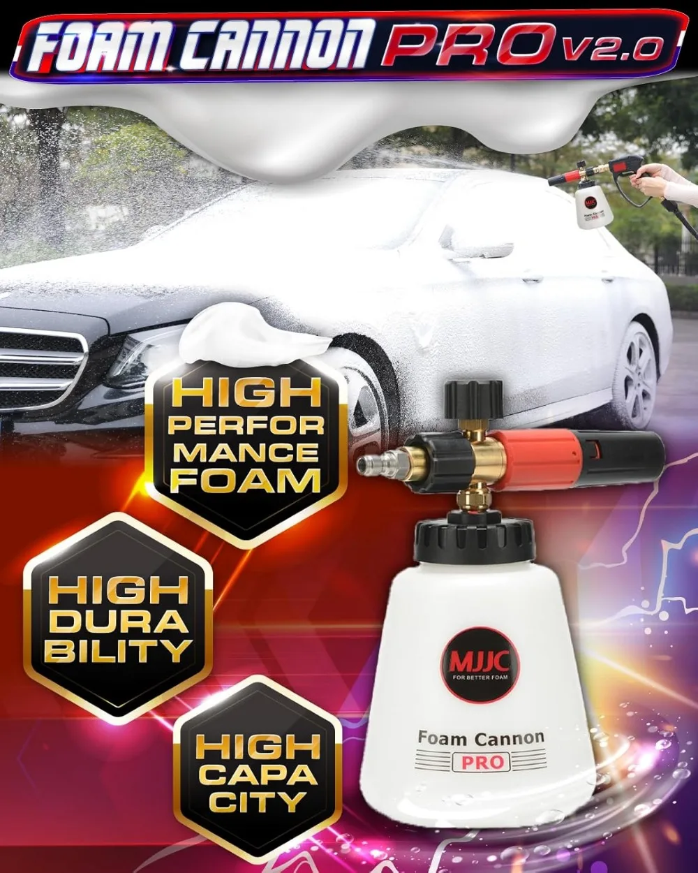 Foam Cannon Pro V2.0 with Thicker Snow Foam Technology, 1/4 Inch Quick Connector for Pressure Washer, 40 oz Bottle