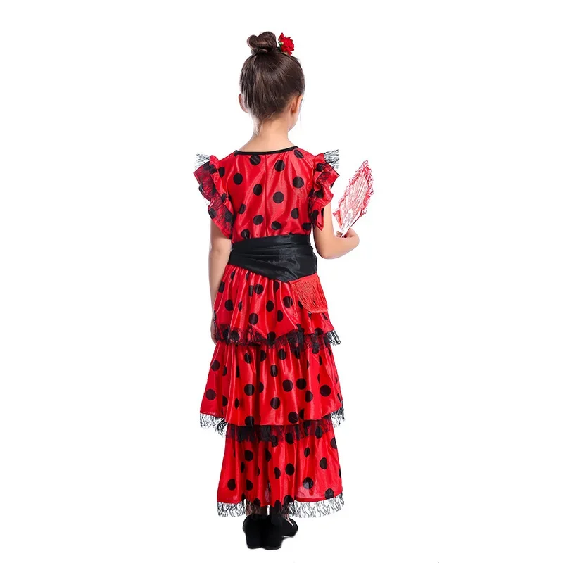 Spanish Flamenco Polka Dot Dress for Girl Halloween Cosplay Costume Dancer Stage Performance Wear Party Show Ballroom Suit