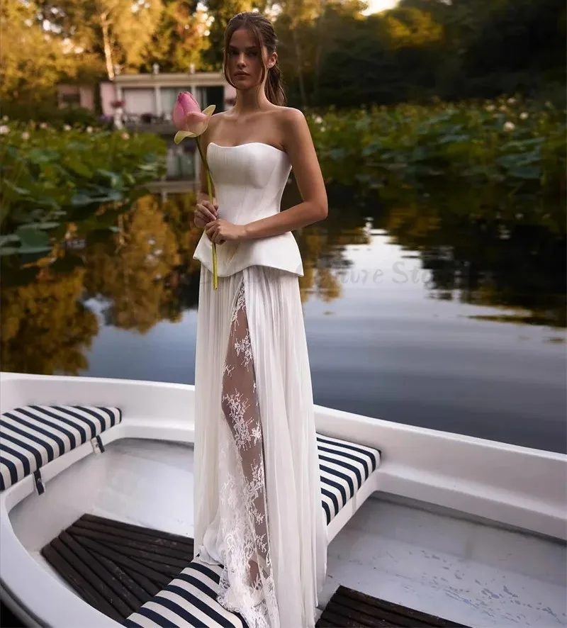 Robe De mariée trapèze style Boho, Sexy, sans bretelles, sans manches, fente latérale, dentelle, Satin, longue, robes De mariée, 2026