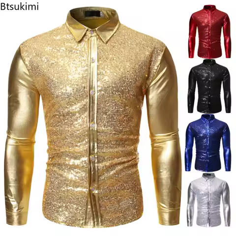 2026 Men's Metallic Sequins Glitter Shirts Fashion Long Sleeve Button-up Lapel Disco Nightclub Tops Stage Singer Costume Camisas