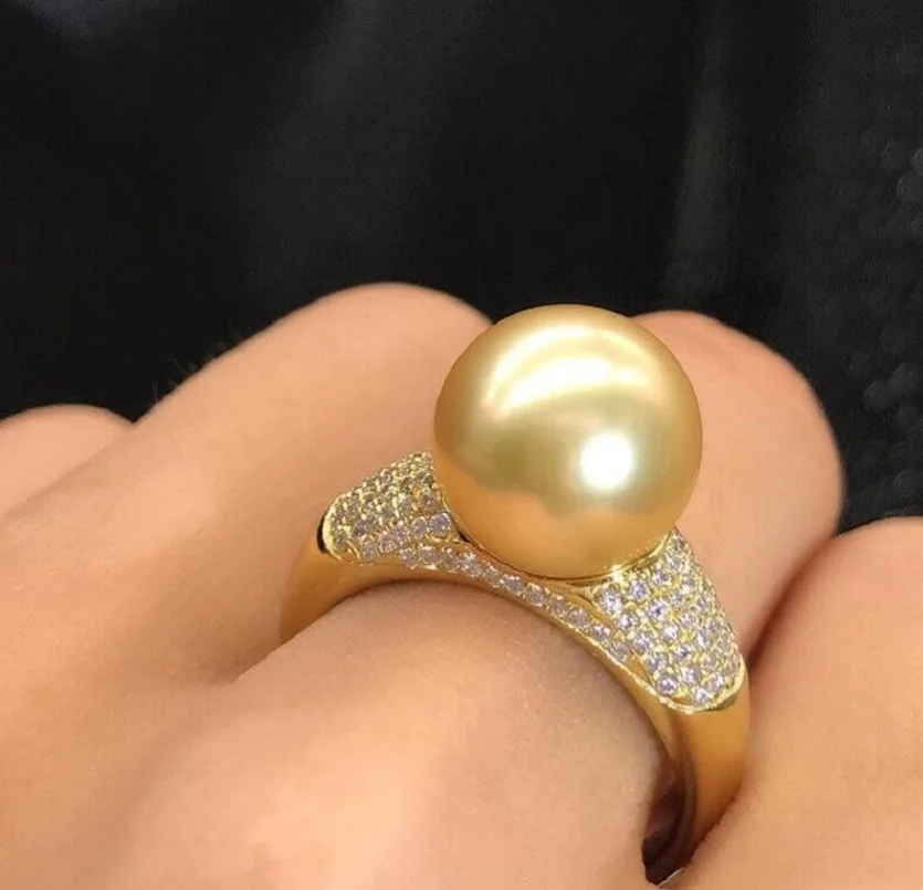 

Gorgeous AAAAA 10-11mm Authentic Natural South China Sea Gold Round Pearl Ring 925s