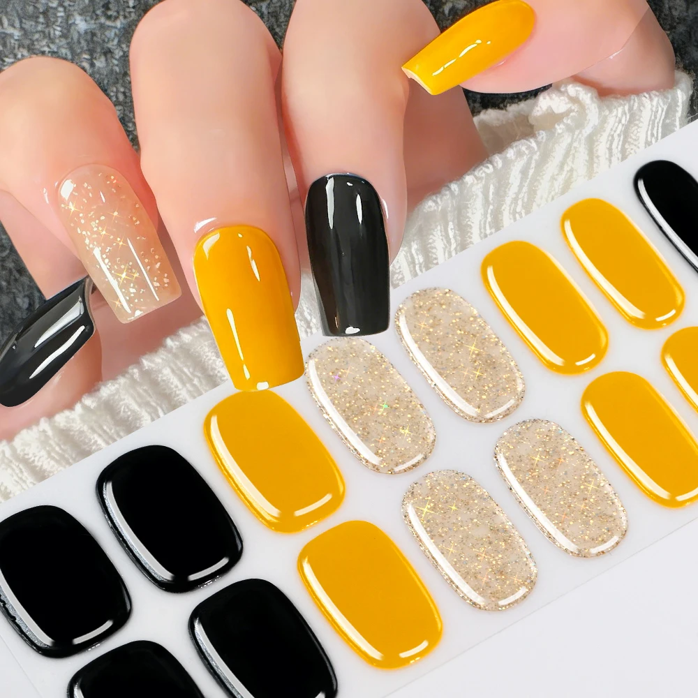 16Tips Solid Color & Glitter Semi Cured Gel Nail Strips Self-Adhesive Baking Free Elegant Gel Nail Sticker Full Coverage Decals