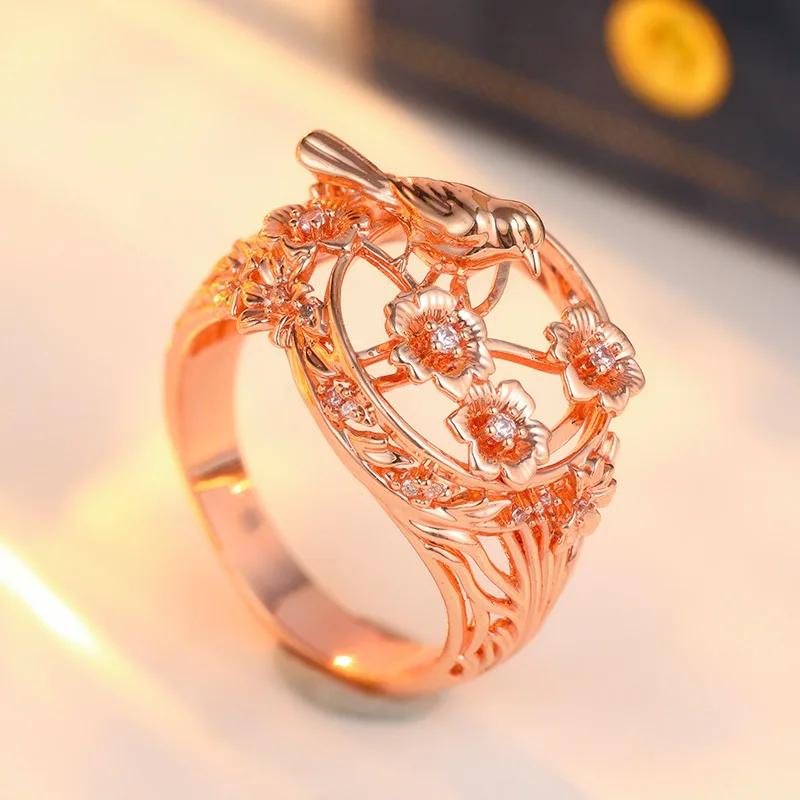 Forest Style Countryside Flower And Bird Carving Ring Exquisite Hollow Design Ladies' Literary Style Ring Daily Jewelry