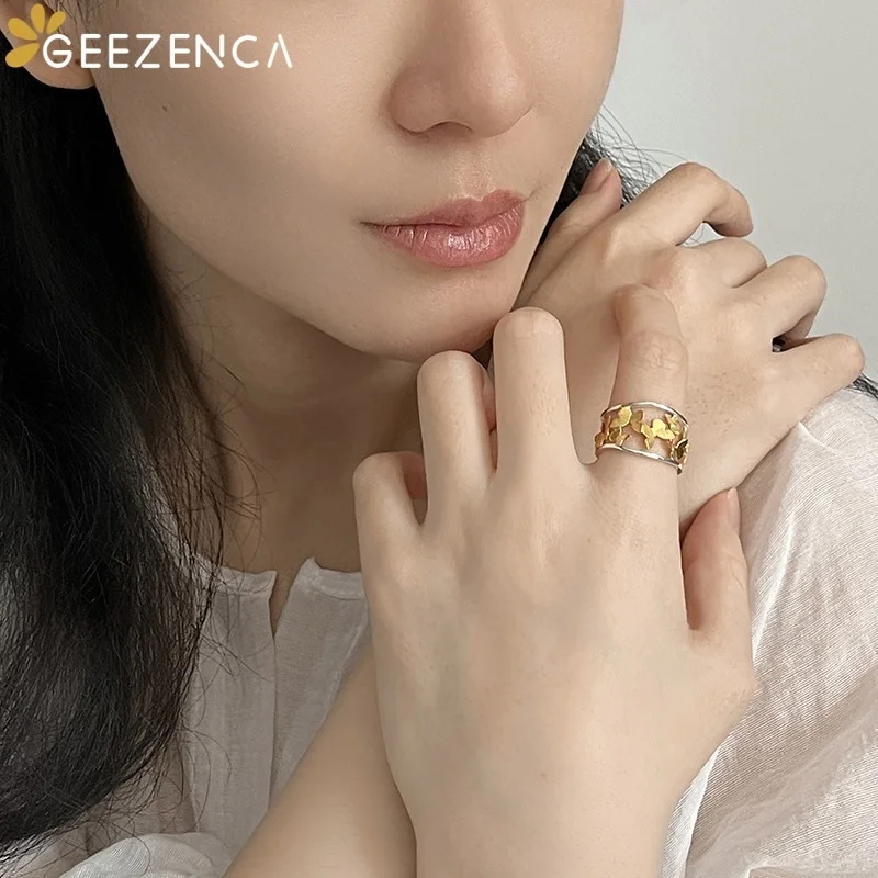 GEEZENCA 925 الفضة نحى اثنين منغم الجوف فراشة قابل للتعديل حلقة مفتوحة للنساء العصرية لذيذ بيان خواتم الحب هدية #6