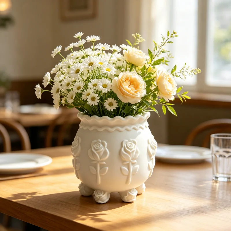 White Embossed Rose Six-Legged Vase, Decorative Flower Vessel with Wavy Edges, Girly Style Desktop Vase, Multifunctional Home Desktop Ornament, Suitable for Bedroom and Living Room