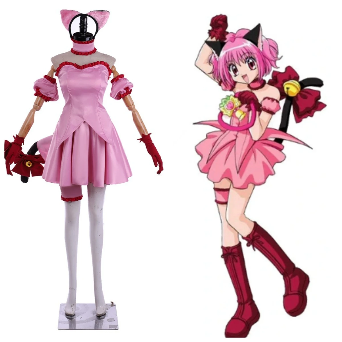 

Anime Tokyo Mew Mew Momomiya Ichigo Mew Ichigo Cosplay Costume Pink Princess Dress Tail Wig Woman Sexy Kawaii Masked Ball Suit