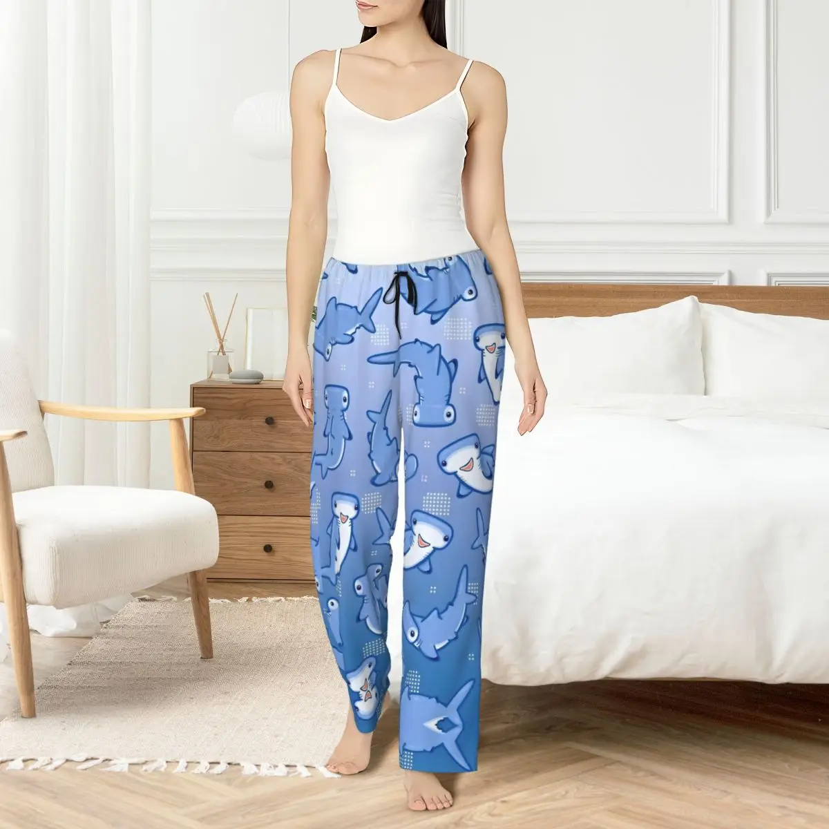 

Пижамные штаны с изображением акулы на заказ, одежда для сна, женские эластичные пояса, штаны для сна с милыми животными и карманами