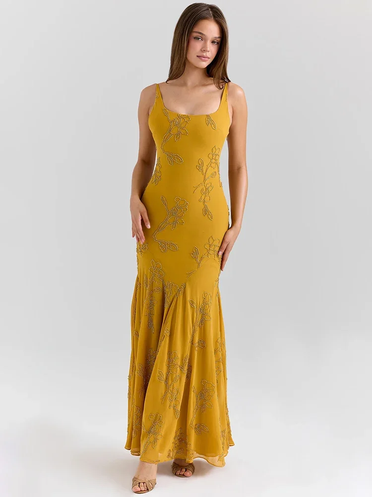 

Spaghetti Strap Backless Sexy Maxi Dress Women Elegant Hand-beaded Sleeveless Lace-up Bodycon Club Party Long Dresses