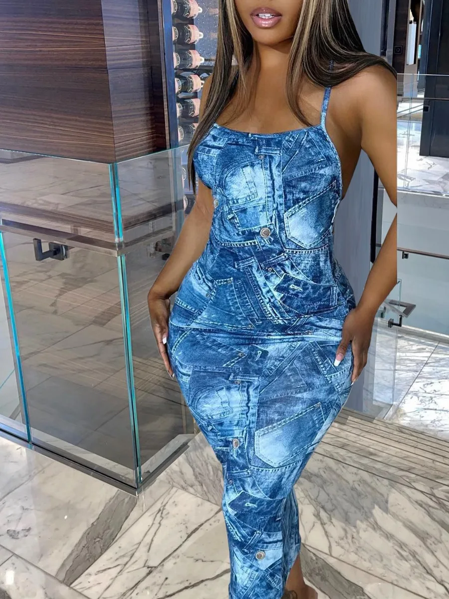 

LW Backless Bodycon Cami Imitation Denim Dress Women Summer Casual Dresses Mixed Print Sleeveless Pattern U Neck Midi Calf Dress