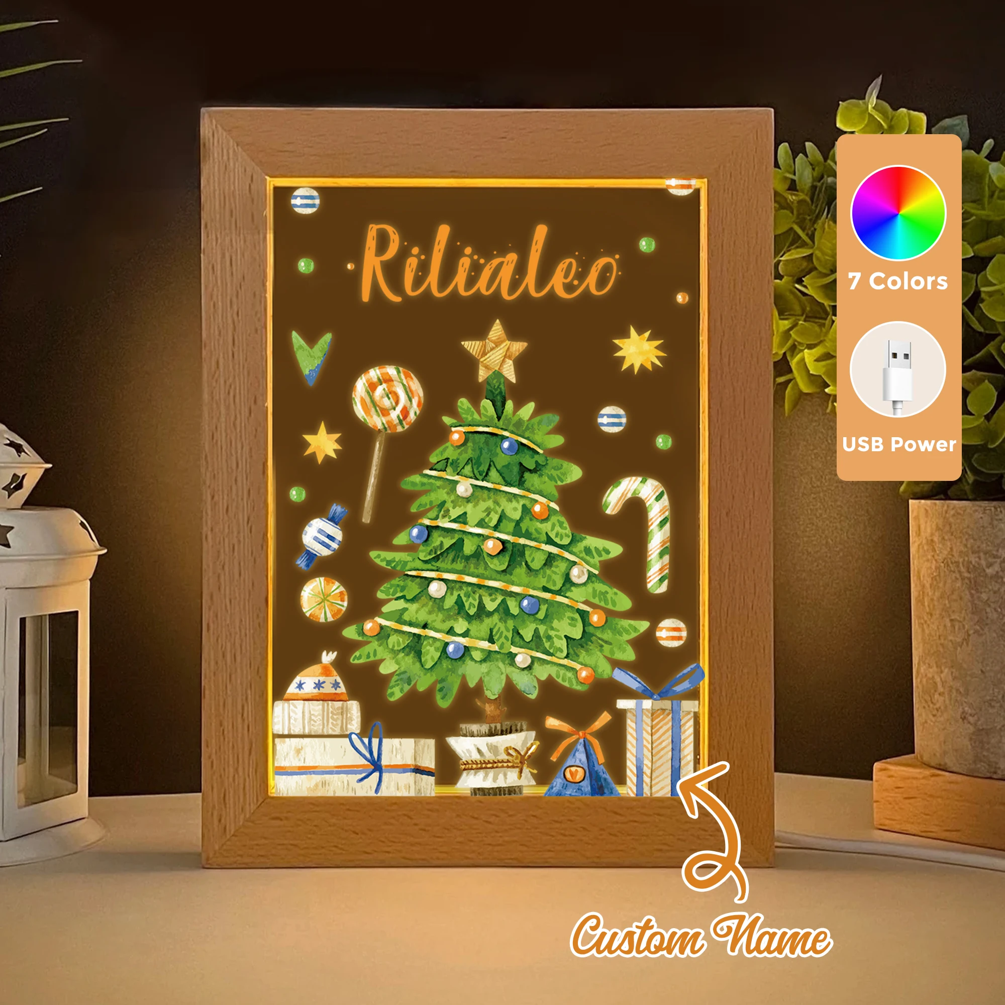 

Custom Name Christmas Tree LED Acrylic Night Light Wood Photo Frame 21x17cm Christmas Cartoon Children Bedroom Gifts Home Decor