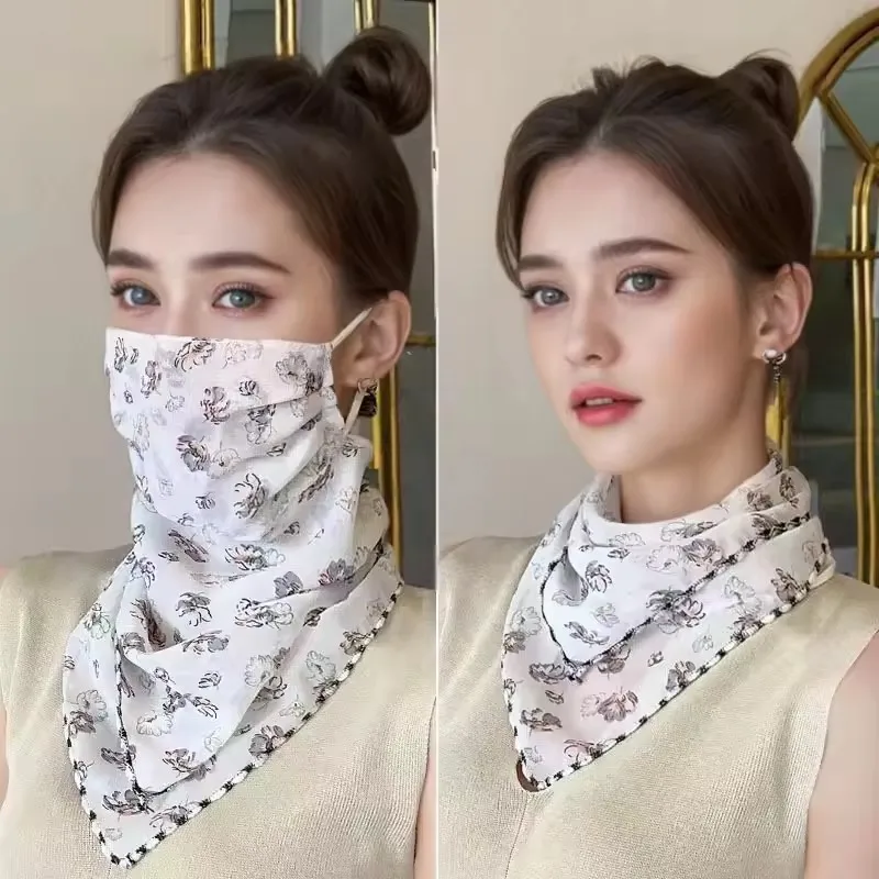 Womens Sun Protection Floral Scarf, Adjustable Protection Face Chiffon Print Mask, Ice Silk Neck Protector Face Shield