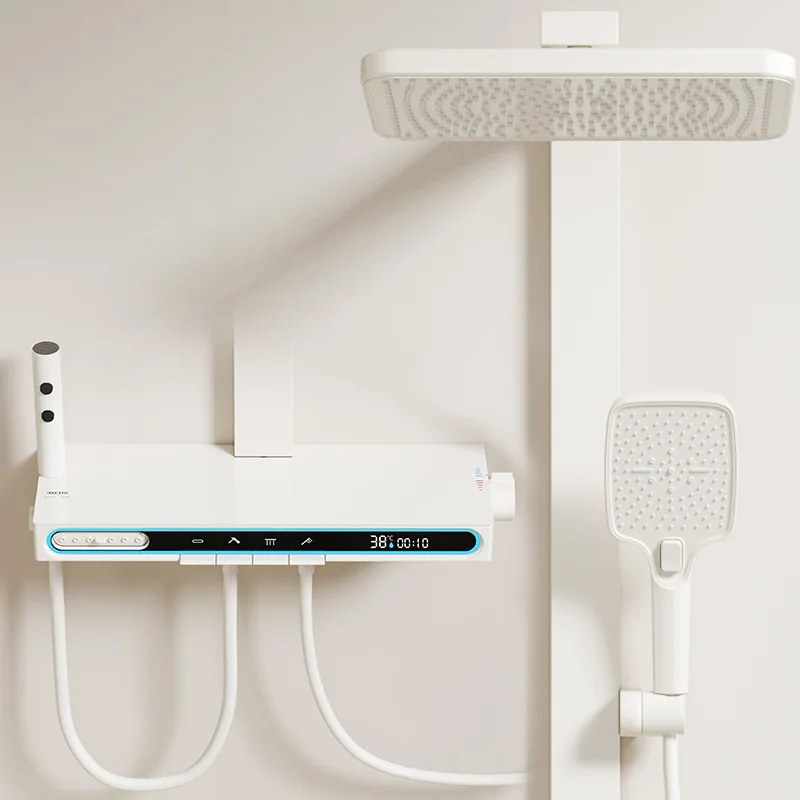 

Cream style white shower shower set constant temperature intelligent ambient light square tube liftable bathroom rain shower ful