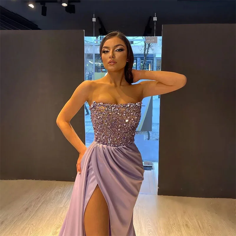 Elegant Mermaid Evening Dresses Strapless Beaded Sequined Prom Dresses High Split Floor Length Women Formal Party Pageant Gowns