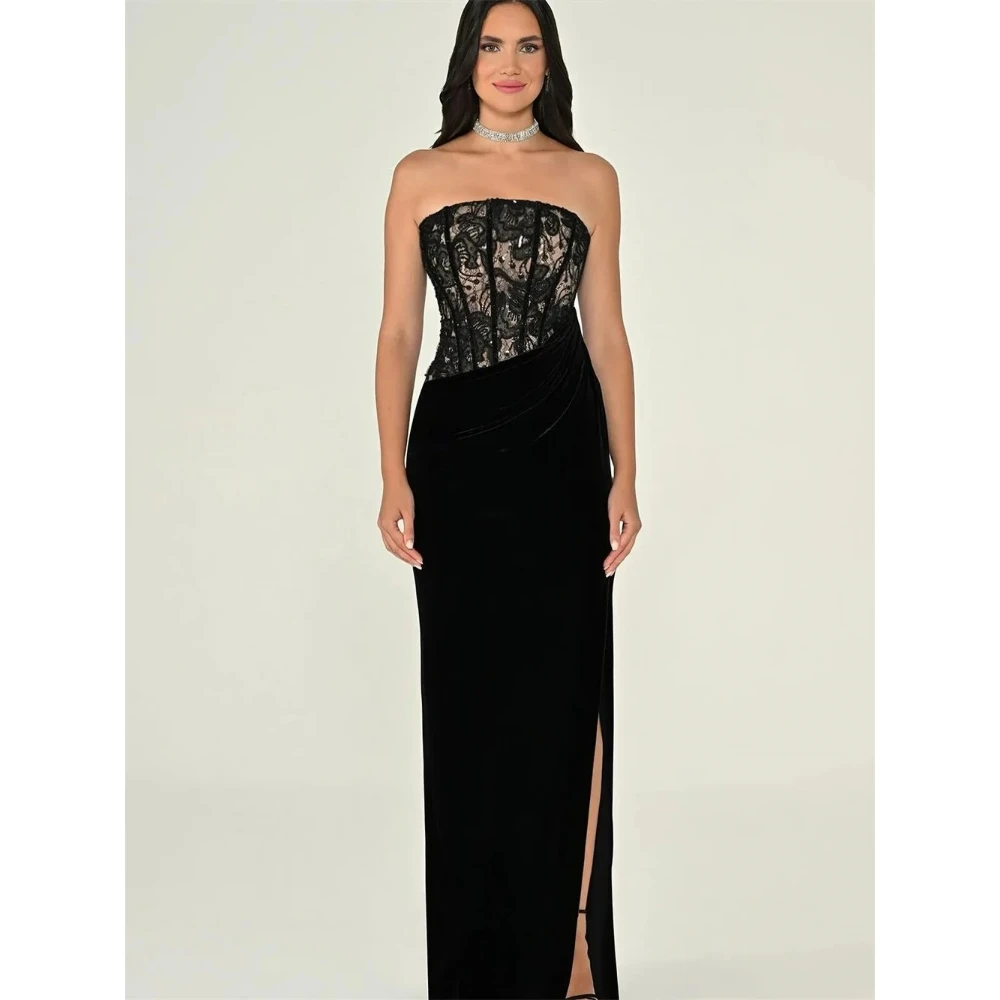 

Black Prom Dress Customized Jersey Lace Strapless Chic Straight Floor Length Evening Dresses Slit Backless Sexy Prom Gowns