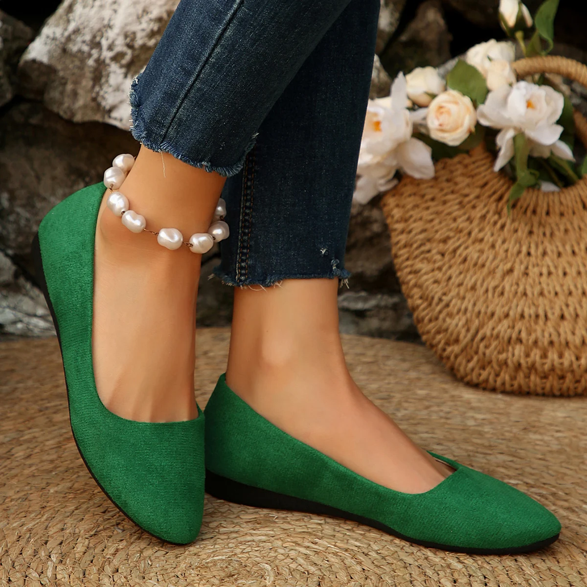 Mode Einfarbig frauen Keil Schuhe Bequeme Spitz Slip auf Low Heels Grün Zapatos De Mujer Größe 42 – Detail 4