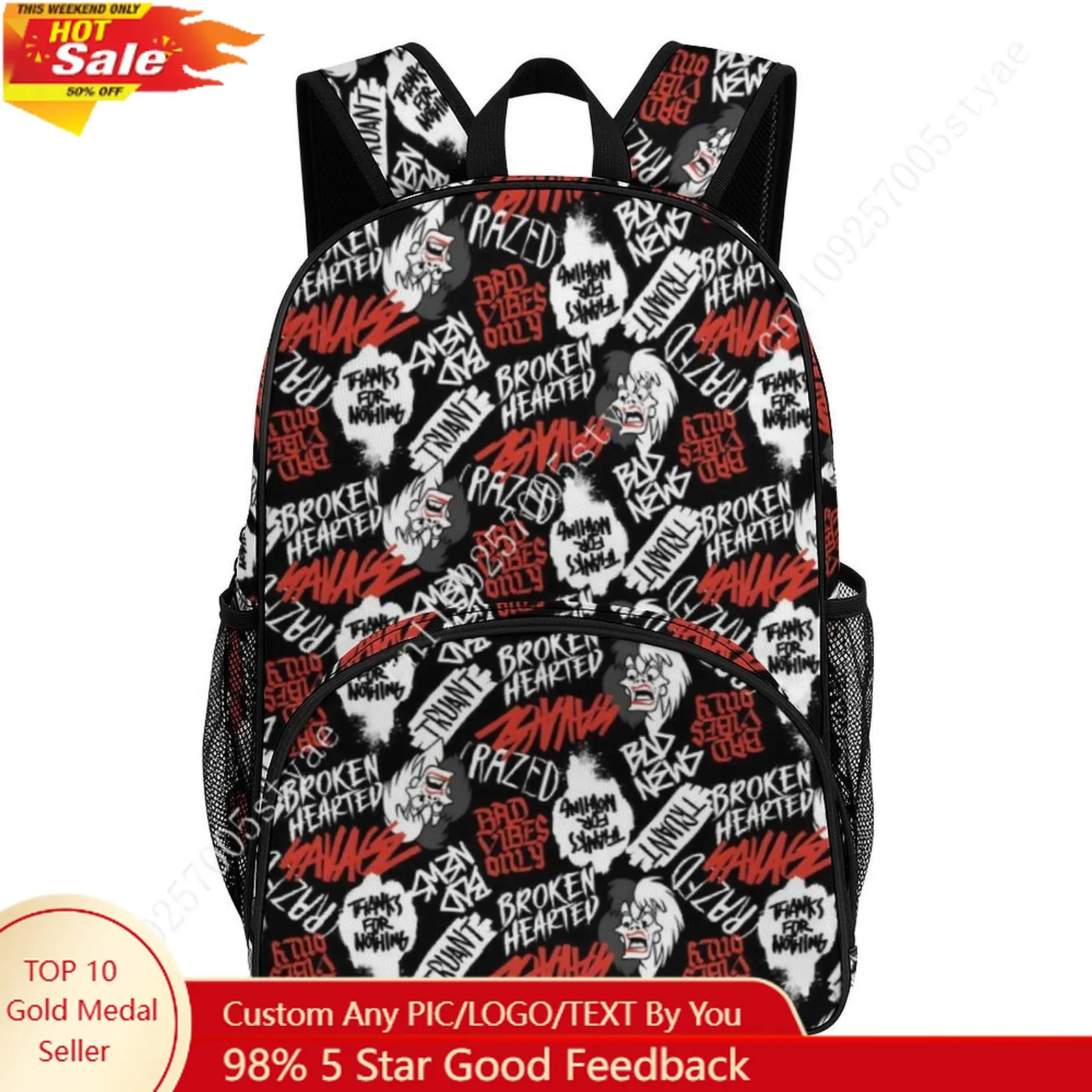 

Cruella de Vil Large Capacity Backpack Disney Cartoon Decorate Fabric Bags Design Your Photo Logo Text Party Holiday Custom Gift