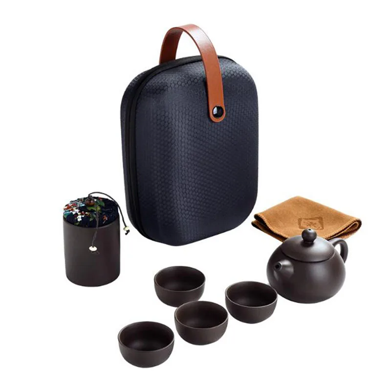 

8Pcs/Set Purple Clay Travel Tea Sets A Pot with Four Tea Cups One Canister One Towel Hiking Bag Package Kitchen Kungfu Tea Suits