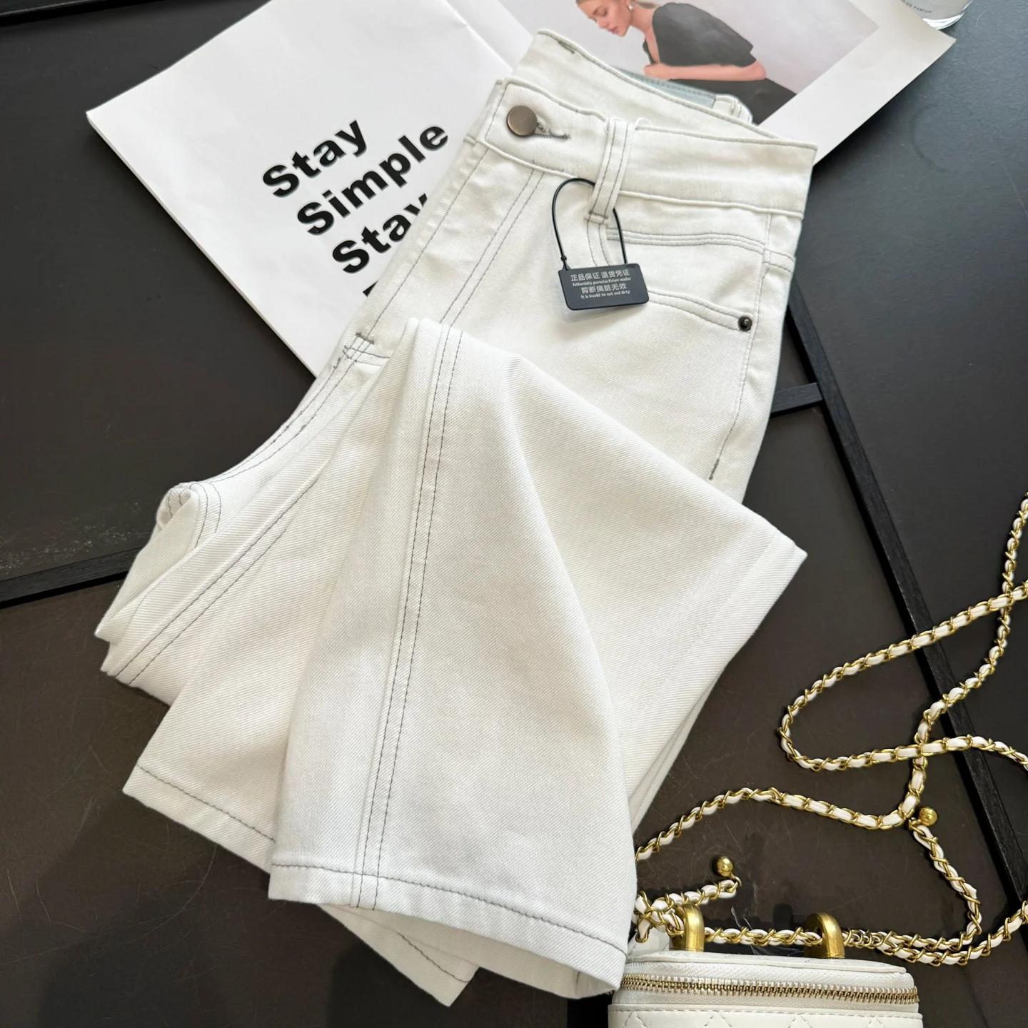 Retro High Waist Silk Denim Straight Leg Tubular Pants Color Block Stitching Ladies Stretch Jeans Four Directional Elastic