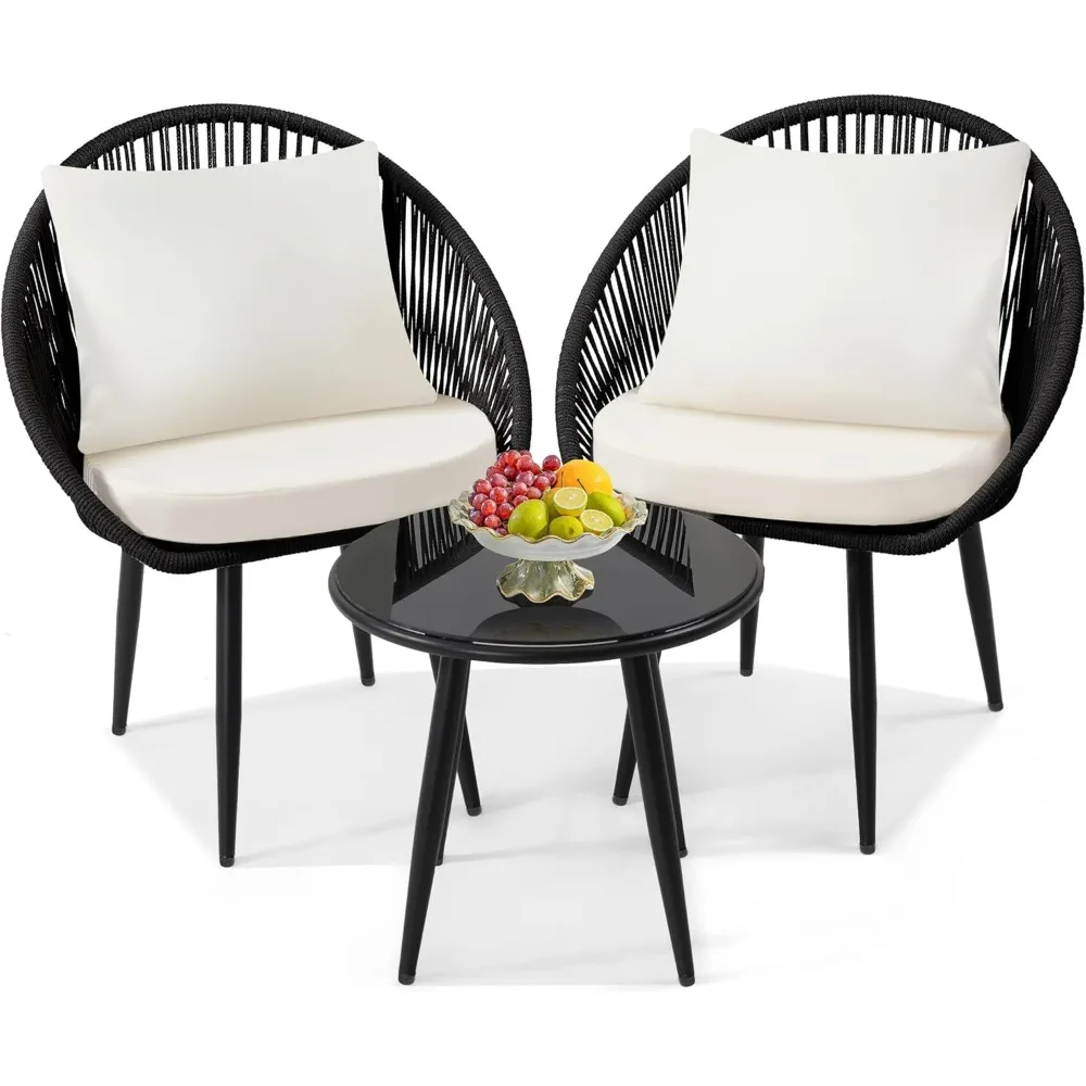 

3 Piece Bistro Set, Woven Rope Chair With Cushions, All Weather Patio Conversation Set With Side Table, Ideal For Deck, Balcony,