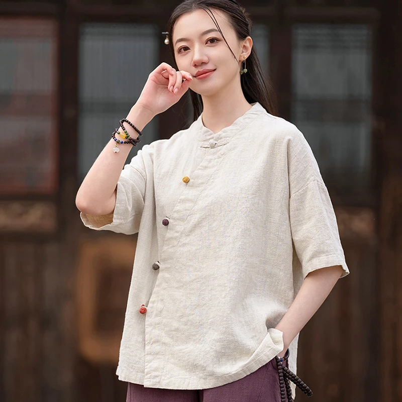 

Высокое качество, женские повседневные рубашки в китайском стиле с коротким рукавом и воротником-стойкой, винтажная однобортная хлопково-льняная летняя блузка B376