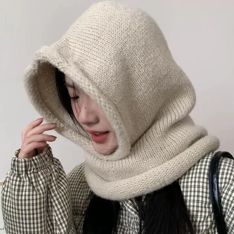 Hood  Beanies Women Winter Warm Hood Scarf Hat Girls Street Ear Protection Knitted Hat Neck Protection Breakwind Beanies