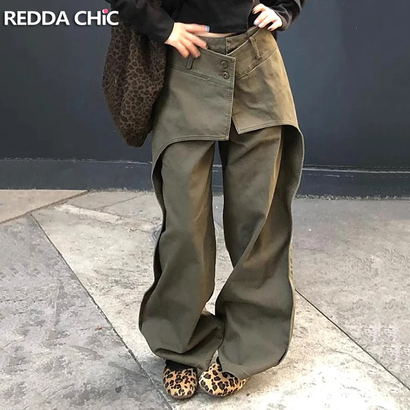 

ReddaChic Retro Green Fake Two-piece Women's Jeans Trendy Skirt Overlay Low Rise Wide Leg Casual Pants Acubi Fashion Streetwear