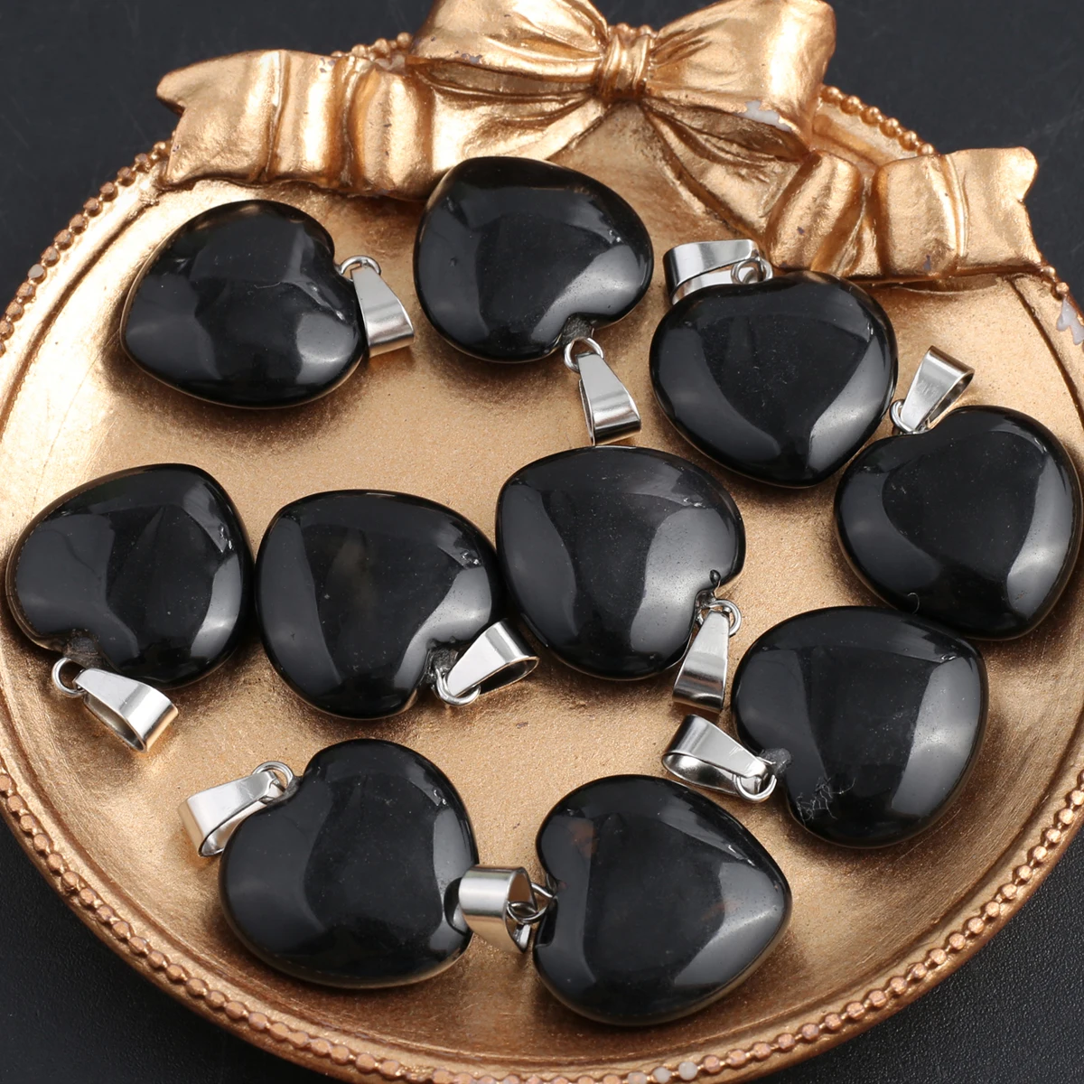 

Natural Black Agates Pendant Charm Heart Shape Natural Stone Pendant for Making DIY Jewelry Necklace Earrings Accessory