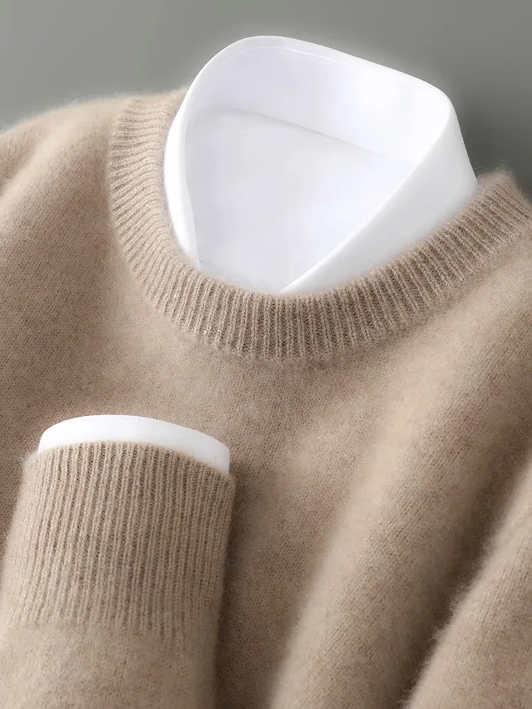 Thiened Heavyweight 00% Pure Wool Knitted Sweater round Ne Men's Loose Warm Base Layer Camere irt Busin Casual Sle