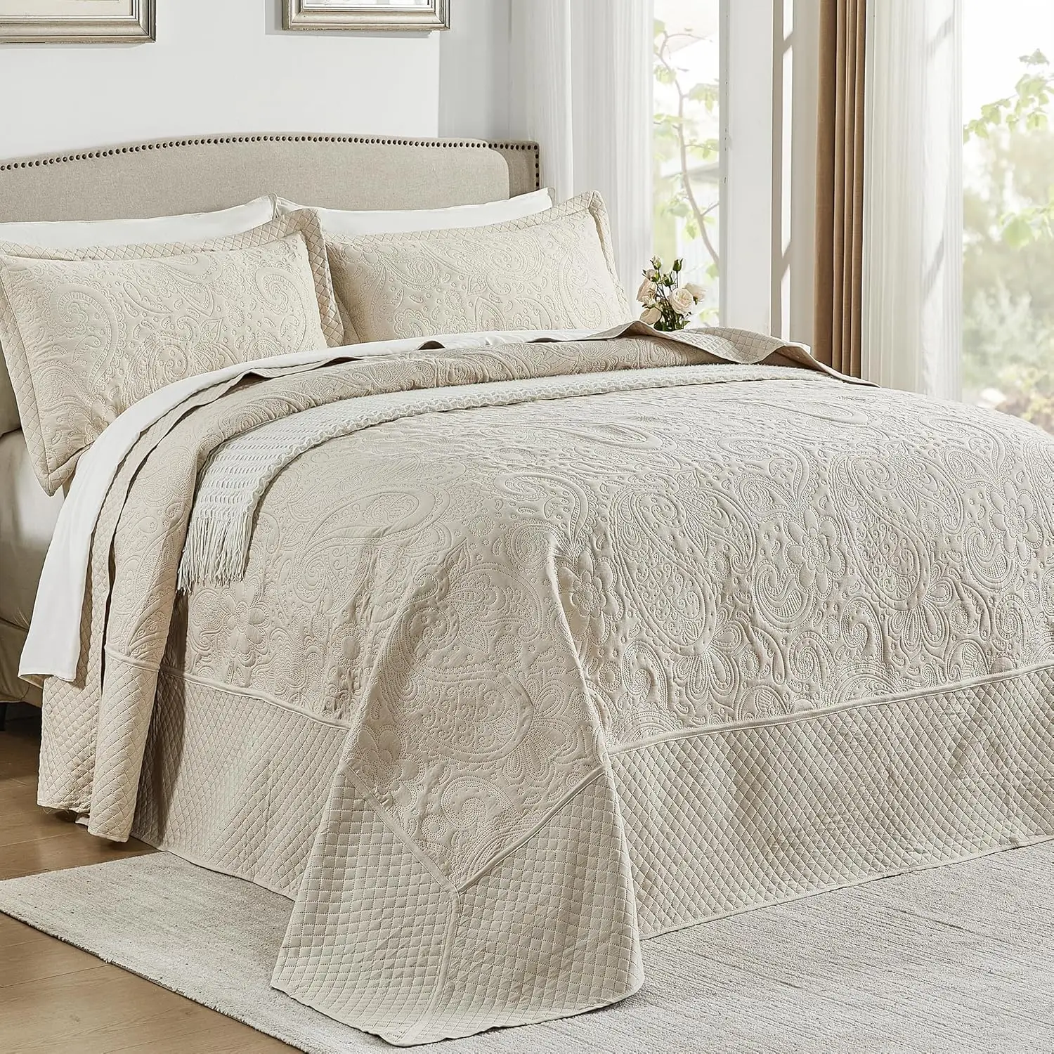 

Oversized King Bedspread Set 132x120, Soft Microfiber Quilt with Paisley Pattern, Includes Pillow Shams