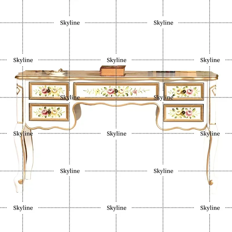 for American Retro White Painted Floral Pattern 5 Drawer Storage Cabinet for Living Room Bedroom Desk Porch Home Decor
