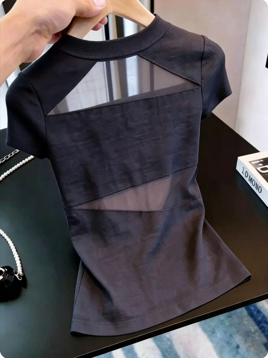 

Sexy Slim Fit Short Sleeve T-Shirt Women's Mesh Paneling Design Summer Fashionable Versatile round Neck Top by HuaKaqi