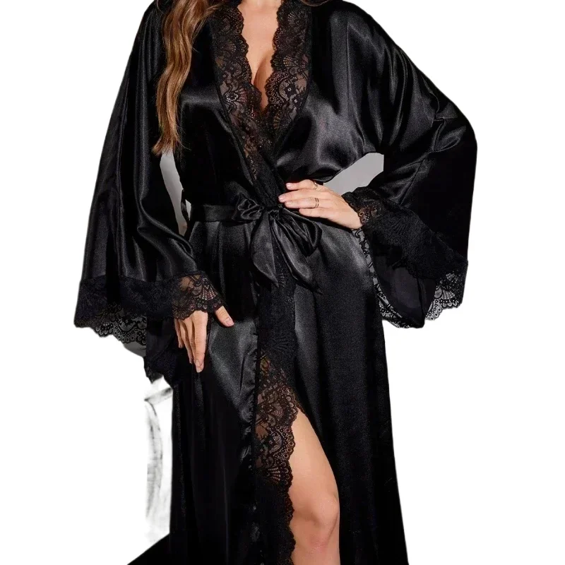 Sexy Lingerie Sexy Women Imitation Silk Lace Lace Robe Bathrobe Robe Sex Suit Nightwear Women Sleepwear for Sleeping Night-robe