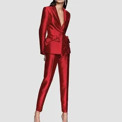 Traje de satén rojo para mujer, esmoquin con lazo de boda, chaqueta de dama de oficina y pantalones, vestido de graduación de noche hecho a medida, 2 piezas