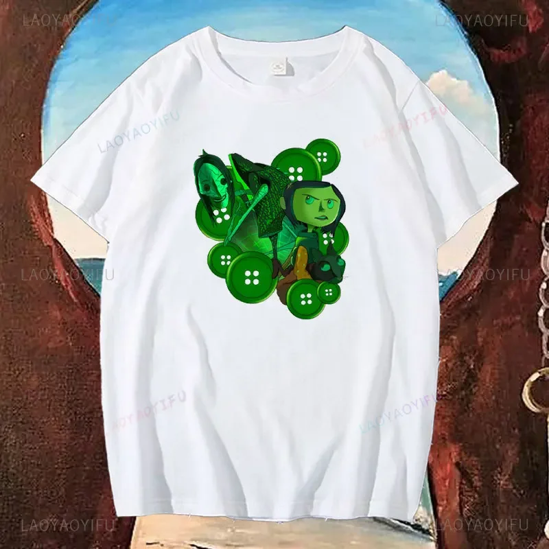 

Футболки с принтом ужасов в стиле аниме «Коралина», уличная одежда, повседневная мужская и женская модная футболка с коротким рукавом, хлопковые топы, одежда