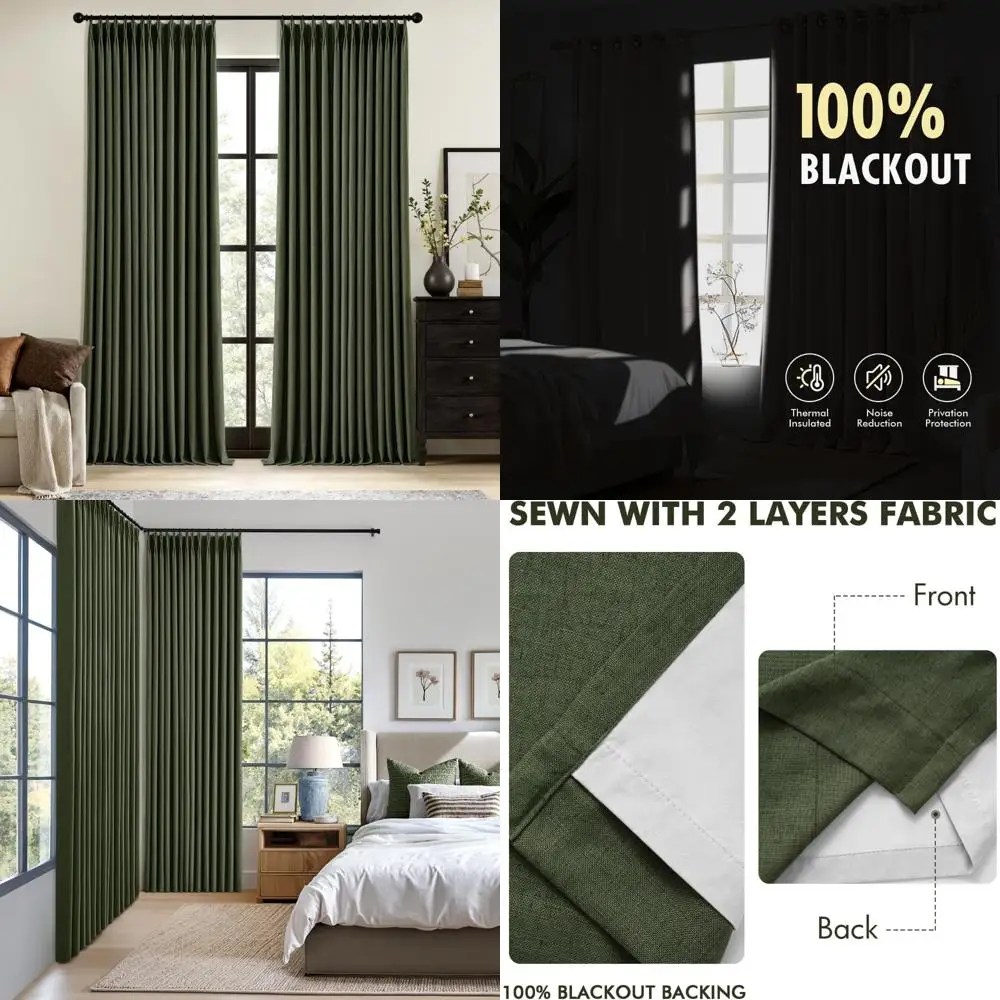

Olive Green 100% Blackout Pinch Pleat Linen Curtains, Dark Green Room Darkening 84" Long for Bedrooms
