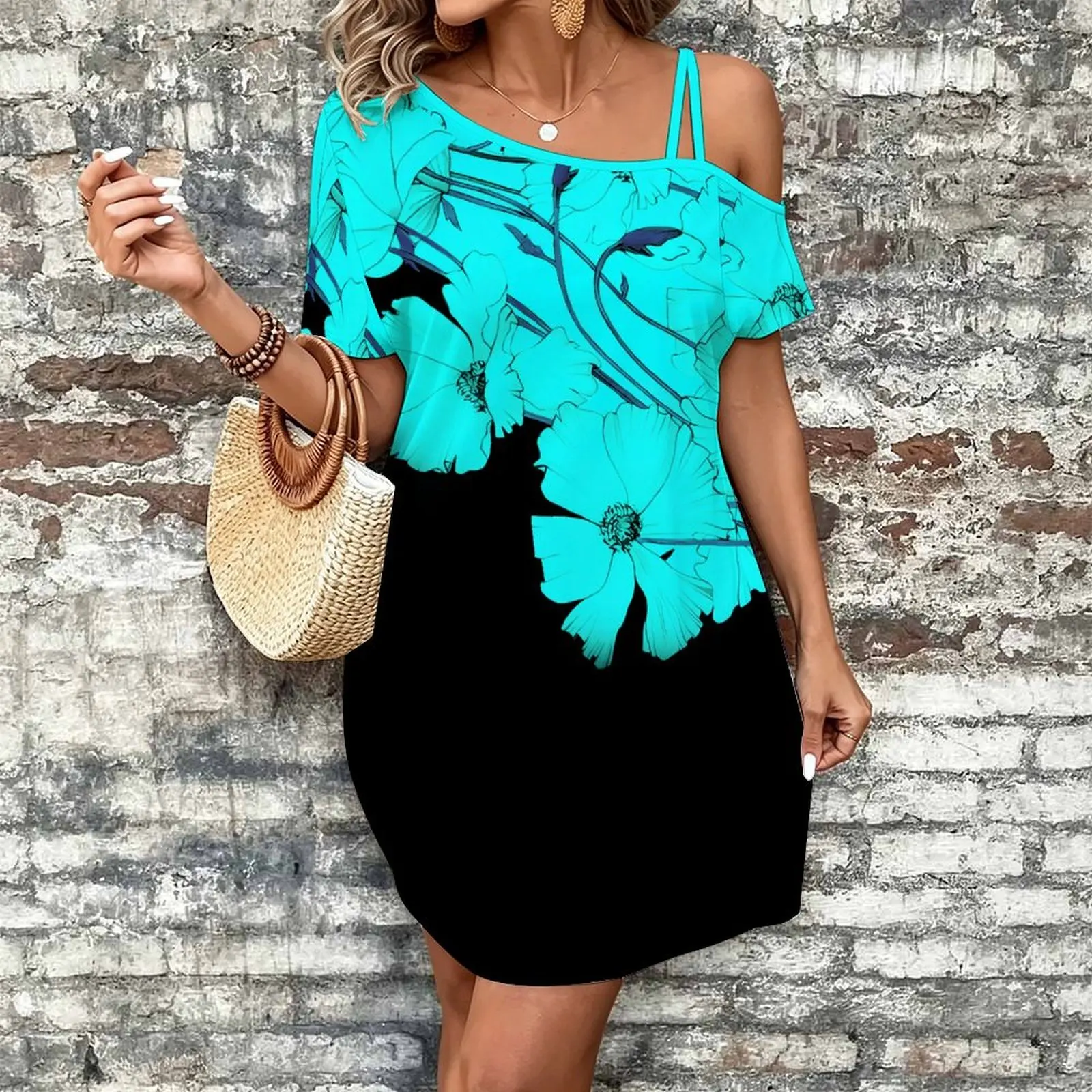 Women Print Cold Shoulder Short Sleeve Mini Dress Irregular Off Shoulder Casual Loose Tunic Dress